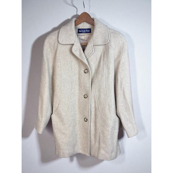 Vintage Herman Kay Wool Coat Cream Women's Large Ivory 1980s - Picture 1 of 5